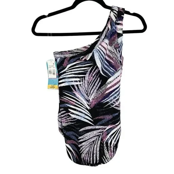 Women's Swim Solutions Black Printed Tummy Control One Shoulder Swimsuit 8 - Picture 2 of 7